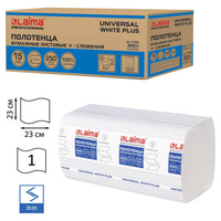 Полотенца бумажные 250 шт., LAIMA (H3) UNIVERSAL WHITE PLUS, 1-слойные, белые, комплект 15 пачек, 23х23, V-сложение, 111