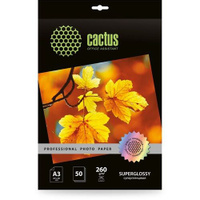 Фотобумага Cactus Prof, A3, для струйной печати, 50л, 260г/м2, белый, покрытие глянцевое [cs-hga326050]