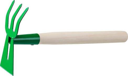Мотыга-рыхлитель РОСТОК 145x75x390 мм, ″лопатка+3 зуба″, гнутая, с деревянной ручкой (39627)