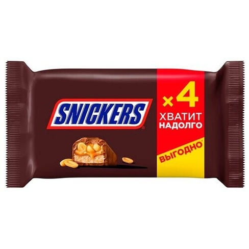 Батончик Snickers с карамелью, арахисом и нугой, 40 г, 4 шт.
