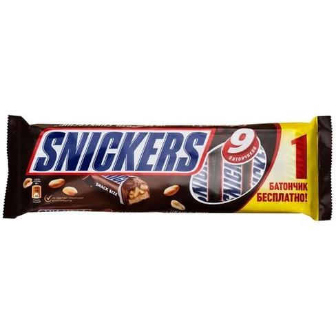 Батончик Snickers с карамелью, арахисом и нугой, 40 г, 9 шт.