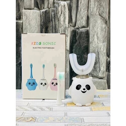 Электрическая U-образная зубная щетка, 2 насадки панда, ультразвуковая щетка, для детей. Белый VARDA