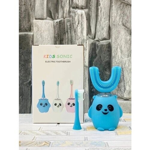 Электрическая U-образная зубная щетка, 2 насадки панда, ультразвуковая щетка, для детей. Синий VARDA
