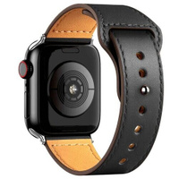 Кожаный ремешок для Apple Watch series 3 4 5 6 7 8 9 SE, в корпусах 42, 44, 45, 49. Черный / Black Root Habitant
