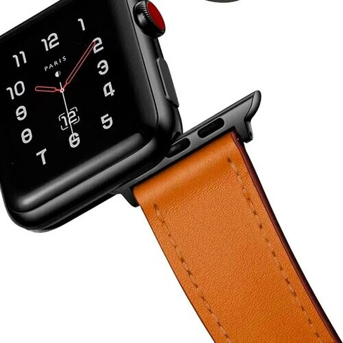 Кожаный ремешок для Apple Watch series 3 4 5 6 7 8 9 SE, в корпусах 42, 44, 45, 49. Светло-Коричневый / Неrmеs Brown BF