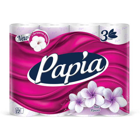 Туалетная бумага Papia белая трехслойная 12 рул., белый, балийский цветок