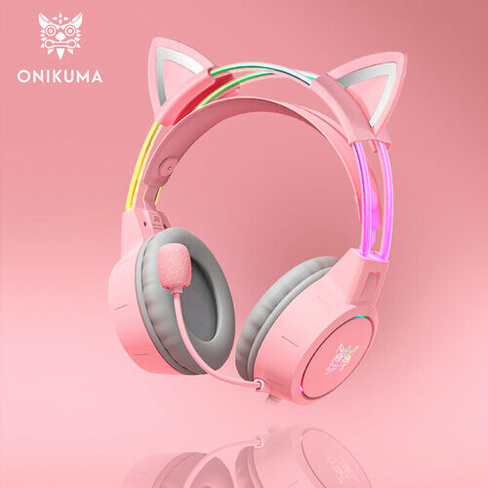 Игровые наушники ONIKUMA X15 pro Pink Star розовые с кошачьими ушками и подсветкой Onikuma